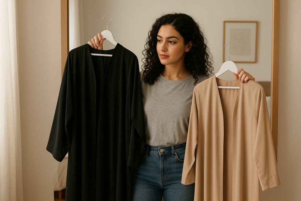 femme arabe essayant des abaya pour une futur mouqabala