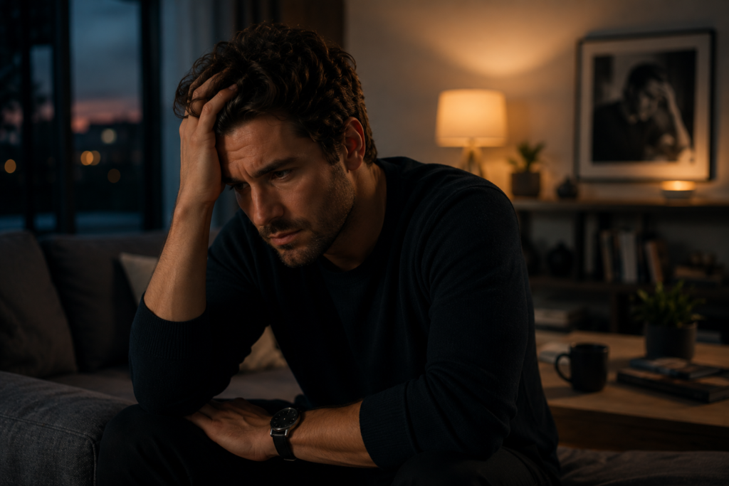 Cette photo illustre un homme qui est préoccupé par l'engagement. Elle révèle la peur qu'ont certains hommes à s'engager