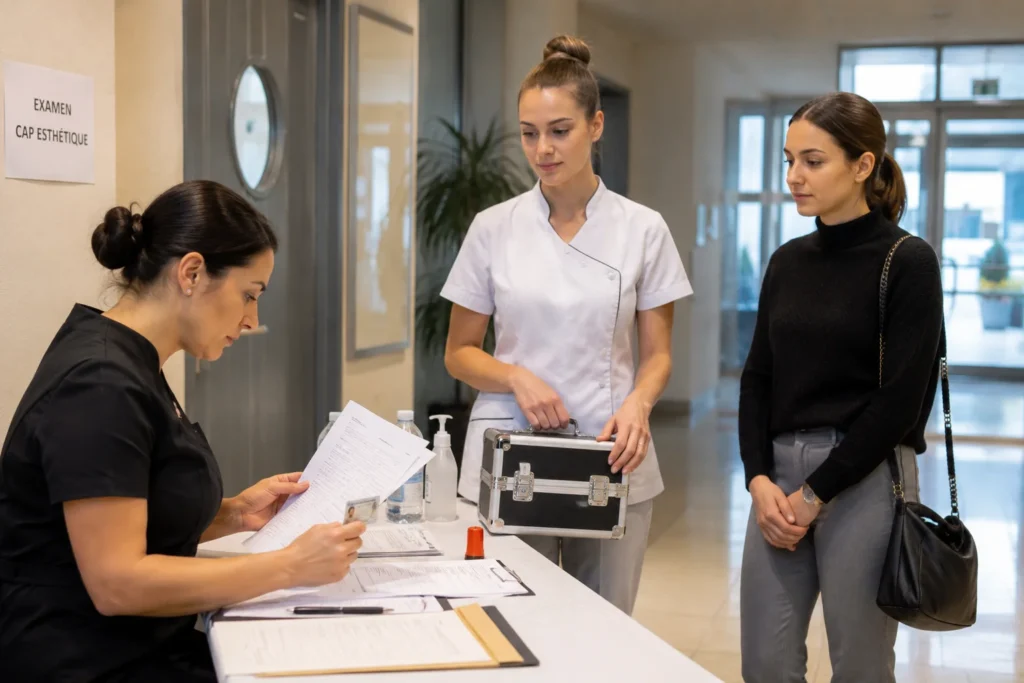 CAP Esthétique en candidat libre : les 5 erreurs éliminatoires à éviter le jour J
Cette photo représente une élève en cap esthétique en candidat libre qui se présente le jour de son examen accompagnée de son modèle